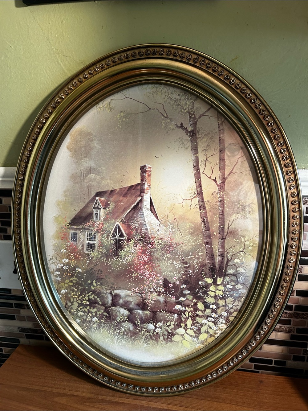 Vintage 1982 Syroco Oval Gold Framed Cottage Picture